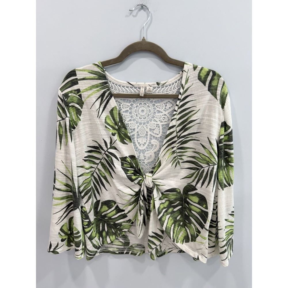 Cato Tropical Palm Print Crochet Back Top M Bell Sleeve Beachy Boho Chic - Picture 4 of 9
